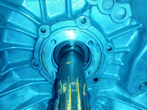 1989 BMW 3 Series - The splined input shaft is visible within the blue-tinted transmission housing.