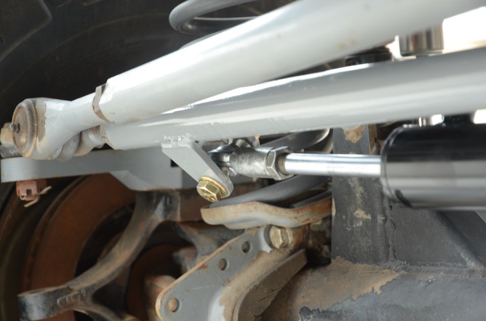 close-up of steering stabilizer and tie rod assembly on a vehicle