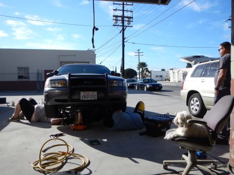 2003 Ford Crown Victoria - gray Ford sedan with a push bar is jacked up while two people work underneath, an air hose coiled on the pavement and a dog on a chair.