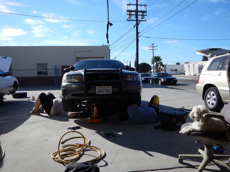 Front of gray Ford sedan with push bar, plate 6NUF092, two people working underneath