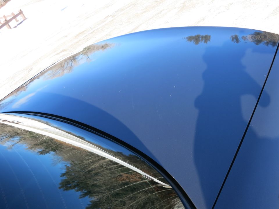 Dark blue car roof with reflections of trees and a shadow of a person