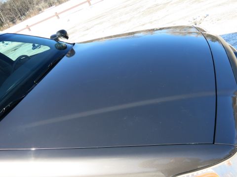 2001 Ford Crown Victoria - The hood of a dark gray vehicle, possibly a police car, is shown from a high angle on a sunny day.
