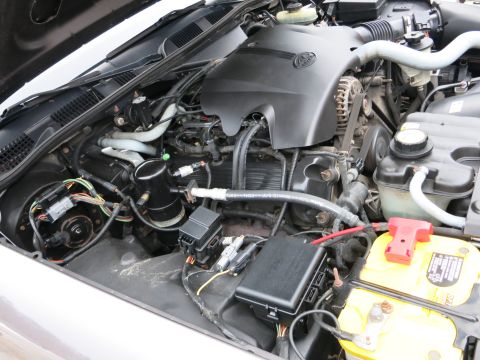 2001 Ford Crown Victoria - The engine bay of a 2001 Ford Crown Victoria is visible, showing the engine, battery, and various components.