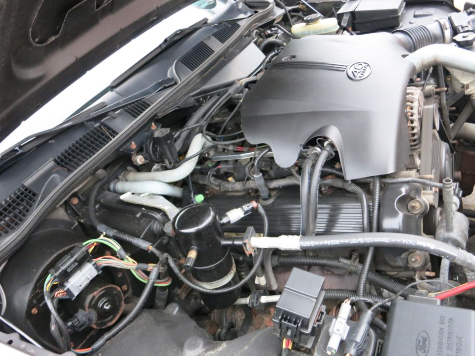 2001 Ford Crown Victoria engine bay with 4.6L V8 engine cover