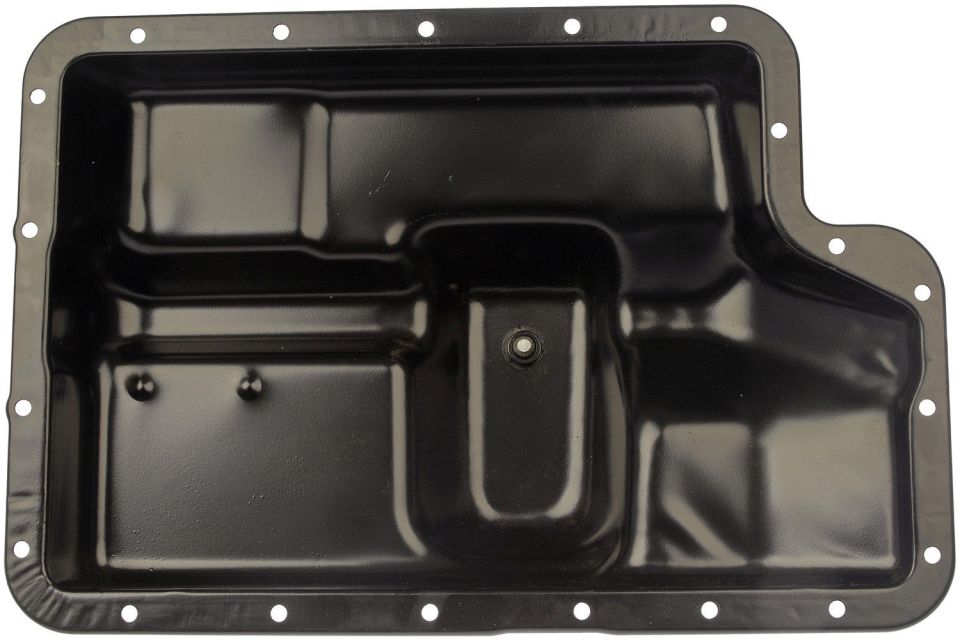 Black metal oil pan with stamped indentations and bolt holes around the perimeter