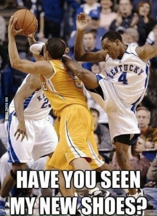 Basketball players in action, one wearing a Kentucky jersey with number 4, another in a yellow jersey. Text overlay reads "HAVE YOU SEEN MY NEW SHOES?"