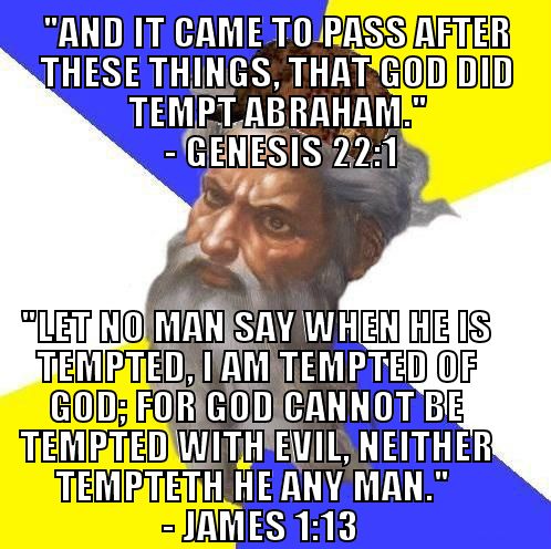 Meme with biblical quotes from Genesis and James, a drawing of a bearded man