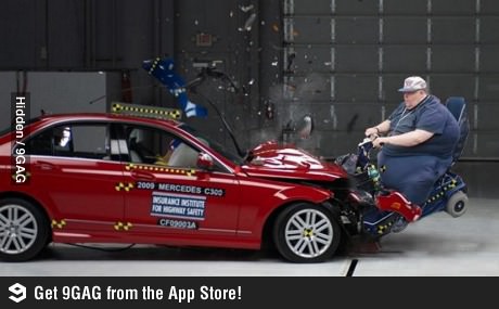 2000 Mercury Grand Marquis - A crash test shows a Mercedes C300 colliding with a mobility scooter carrying a person.