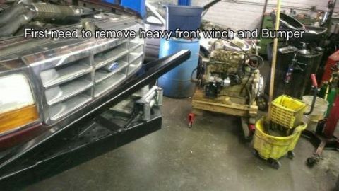 1996 Ford Bronco - Front end of a 1996 Ford Bronco with winch and bumper removed for service.
