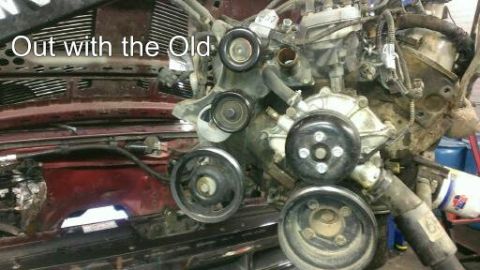 1996 Ford Bronco - Engine and pulley system being worked on, with text overlay 'Out with the Old'.