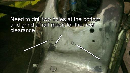 Close-up of metal part with drill hole markings and text overlay