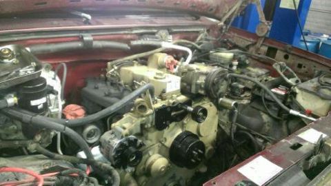 1996 Ford Bronco - Close-up view of the engine bay, showing the complex arrangement of the engine, hoses, and other mechanical parts.