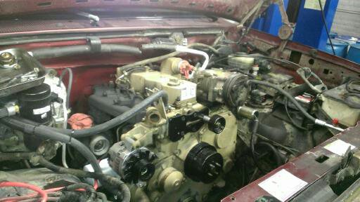Engine bay with a large diesel engine and various hoses and components