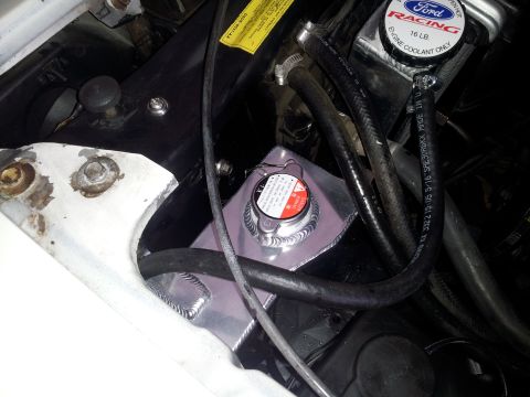 1976 Ford Ranchero - Custom aluminum coolant reservoir with a Ford Racing cap is visible in the engine bay.