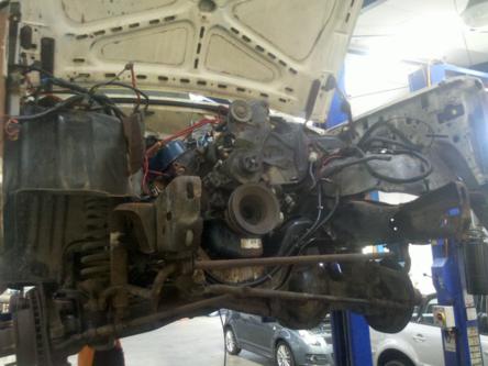 1982 Ford Bronco - The engine bay of a vehicle is shown with the hood open and the vehicle raised on a lift.