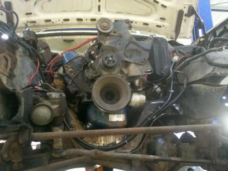 1982 Ford Bronco - The engine bay of a white vehicle, a V8 engine with visible wiring and distributor.