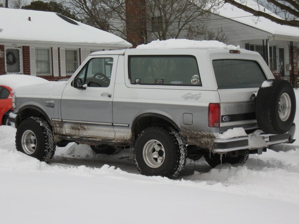 Rear view of a 1994 Ford Bronco in the snow