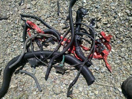 1982 Ford Bronco - A tangled engine wiring harness lies on a gravel surface, showing various black conduits and red tape.