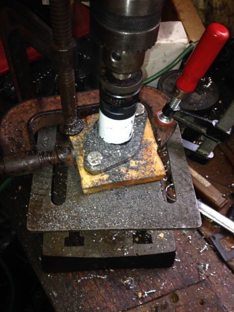 1981 Ford LTD - Boring the larger hole. Keeping the saw cutting without too much chatter or sticking was a challenge. It took some serious clamps to keep t…