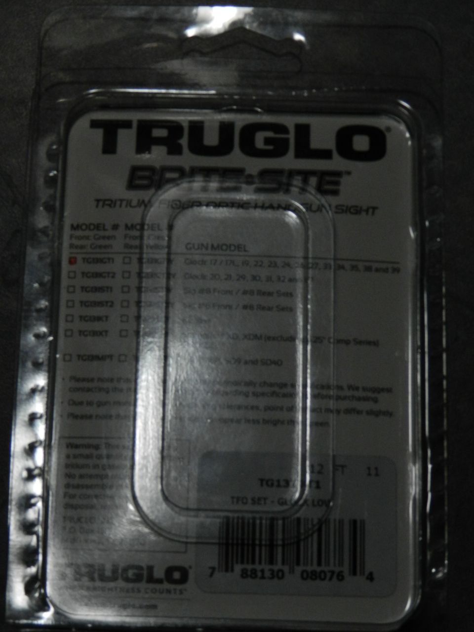 TRUGLO BRITE-SITE Tritium Gun Sight packaging with model and gun model information