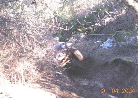 1994 Ford Bronco - A motorcycle lies in a ditch, partially obscured by branches, with a date stamp of 01.04.2004 visible.