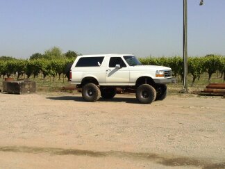 1995 Ford Bronco - A white Ford Bronco is parked in a gravel lot with vineyards in the background.