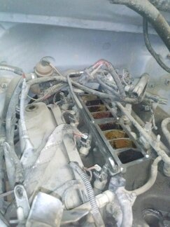 1995 Ford Bronco - Close-up view of a vehicle's engine bay, showing complex wiring and components.