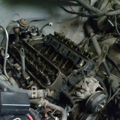 1995 Ford Bronco - Close-up view of an engine bay, showing internal components and extensive wiring. The engine appears to be a V8 configuration.