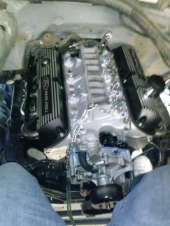 1995 Ford Bronco - Engine with Ford Racing valve covers installed in an engine bay. SuperMotors.net logo at bottom.