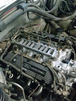 1995 Ford Bronco - The engine bay shows a Ford Racing engine, likely undergoing some maintenance or modification.