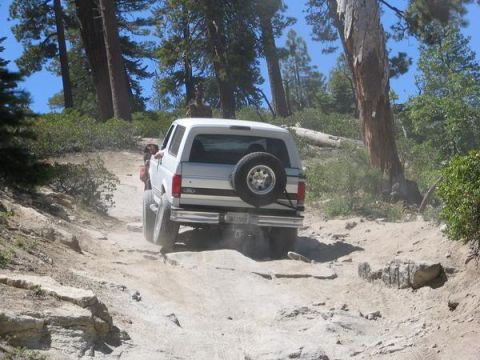 1995 Ford Bronco - White 1995 Ford Bronco navigates a challenging off-road path through trees.