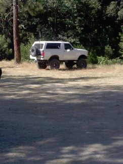 1995 Ford Bronco - A white Ford Bronco is parked on a grassy area with trees in the background.