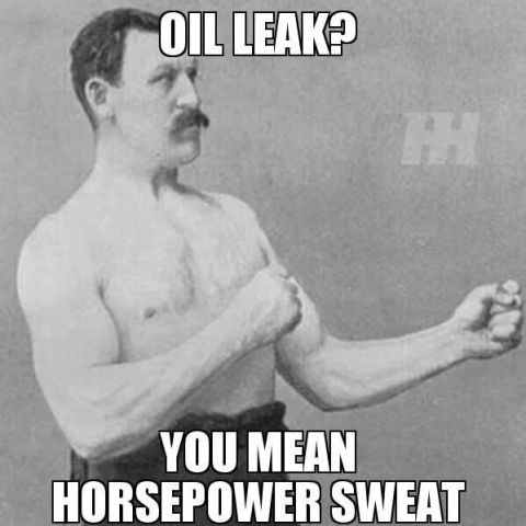 1995 Ford Bronco - A man with a mustache is shown with text that humorously reinterprets an oil leak as horsepower sweat.