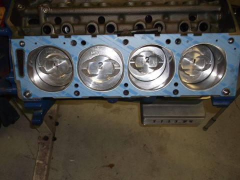 1967 Ford Mustang - Engine block with pistons and gasket installed, ready for assembly.