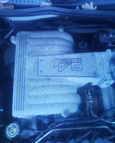 1999 Ford Fairlane - Close-up of an engine intake manifold displaying "5.0 LITRE V8" markings.