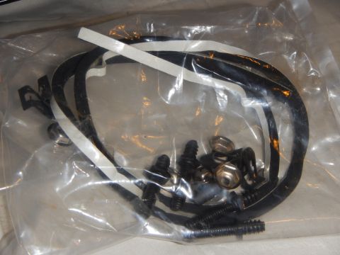 2003 Ford Crown Victoria - Close-up of a clear plastic bag holding black plastic clips, a rubber gasket strip, and chrome mounting screws.