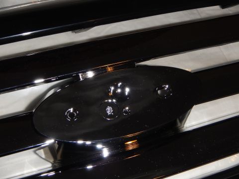 2003 Ford Crown Victoria - Close-up of the glossy black oval emblem mounting pad on a chrome-bar grille, showing studs and holes.