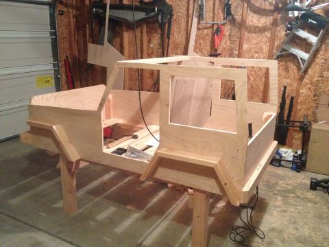 2005 Jeep Wrangler - Wooden Jeep body replica under construction in a garage setting.