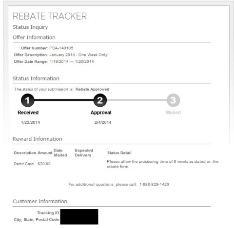 2000 Ford Crown Victoria - This document shows the status of a rebate inquiry, indicating it has been approved.