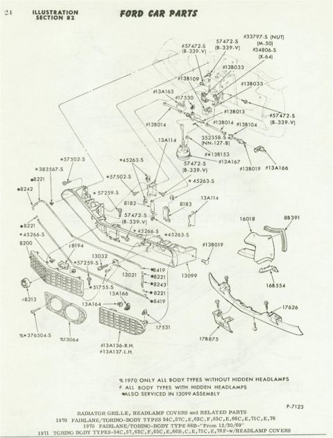 1972 Ford Ranchero - Illustration of radiator grille and headlamp cover parts for 1970 Fairlane/Torino body types.
