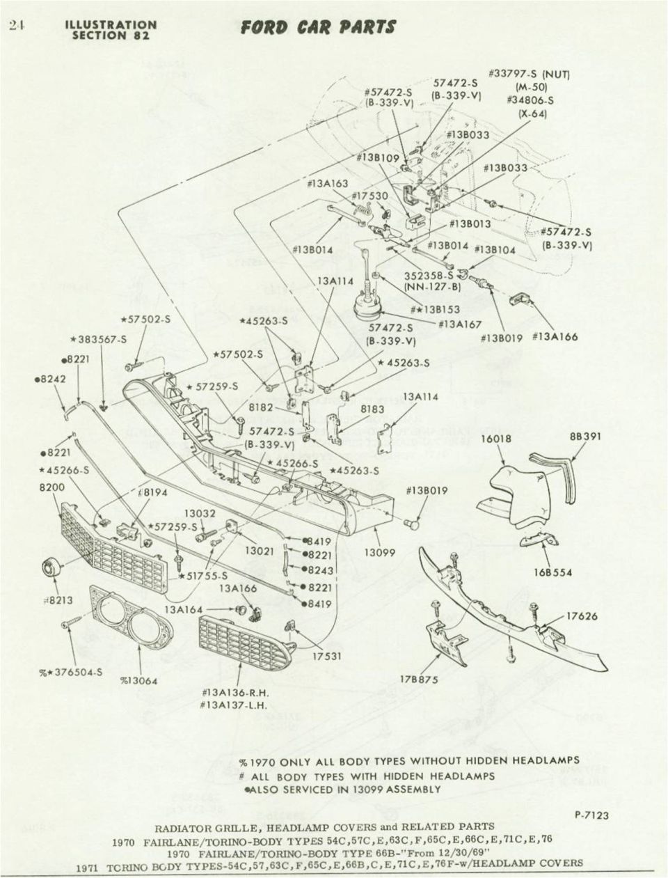 Ford radiator grille and headlamp cover exploded parts illustration