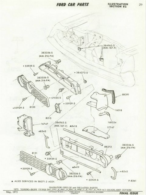 1972 Ford Ranchero - Illustration shows exploded view of radiator grille and related components for 1971 Ford Torino body types.