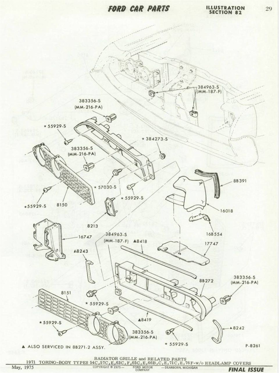 Ford Torino radiator grille and related parts exploded illustration