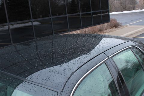 2005 Ford Crown Victoria - A black car roof is covered in water droplets, reflecting the overcast sky and a building's windows.