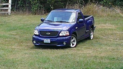 2003 Ford F-150 - A blue 2003 Ford F-150 Lightning pickup truck is parked on a grassy area with trees in the background.