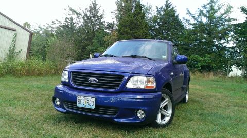 2003 Ford F-150 - A blue 2003 Ford F-150 truck is parked on a grassy area with trees in the background.