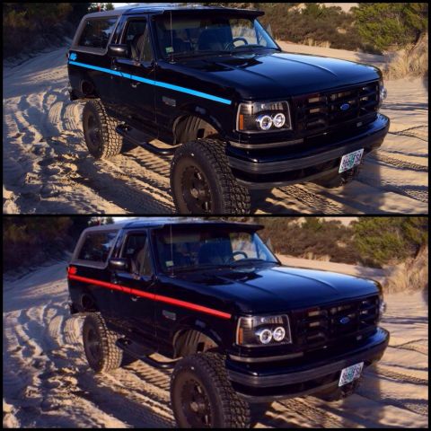 1992 Ford Bronco - This black 1992 Ford Bronco is shown with blue side stripes in the top image and red side stripes in the bottom image.