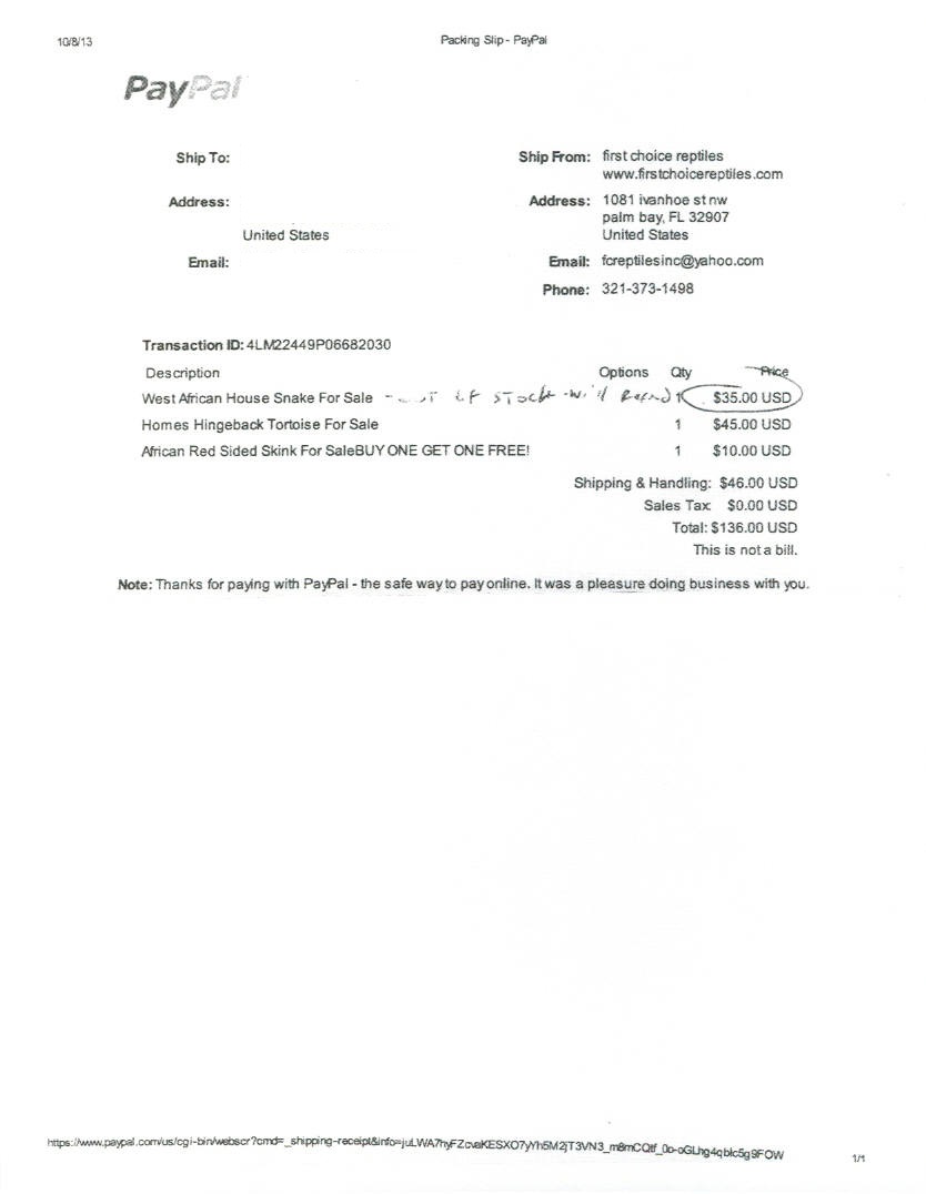 PayPal packing slip for reptile and tortoise purchase