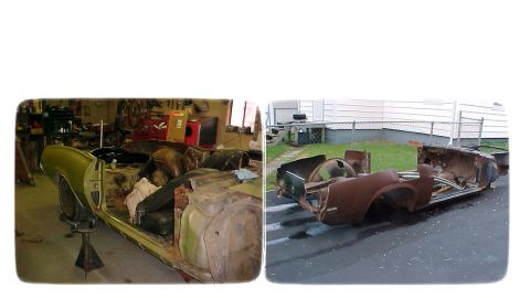 1969 Ford Torino - Two views of a car body undergoing restoration or disassembly, showing significant rust and missing parts.