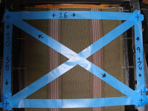 1972 Ford Pinto - Car seat upholstery marked with blue tape and measurements for a project.